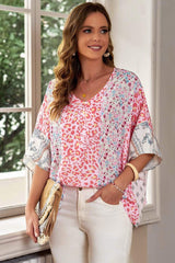 Mixed Print V-Neck Blouse - Trendsi - Flyclothing LLC