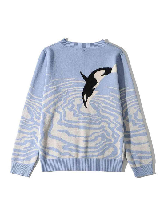 Printed V-Neck Long Sleeve Sweater - Trendsi