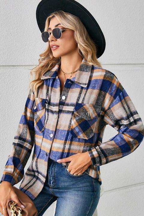Collared Plaid Shacket - Trendsi - Flyclothing LLC