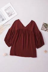 Dropped Shoulder V-Neck Blouse - Trendsi - Flyclothing LLC