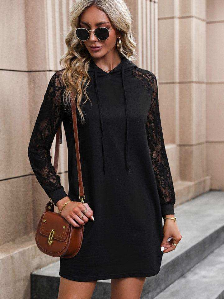Lace Trim Long Sleeve Hooded Dress - Trendsi