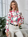 Printed Tie Neck Long Sleeve Blouse - Trendsi