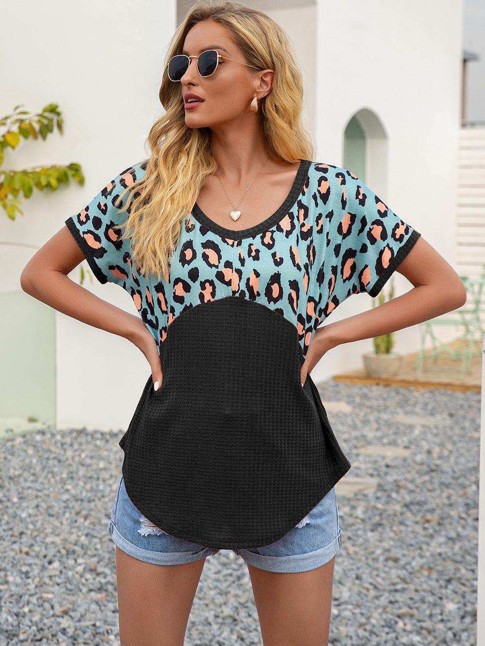 Leopard Waffle-Knit Short Sleeve Top - Trendsi - Flyclothing LLC