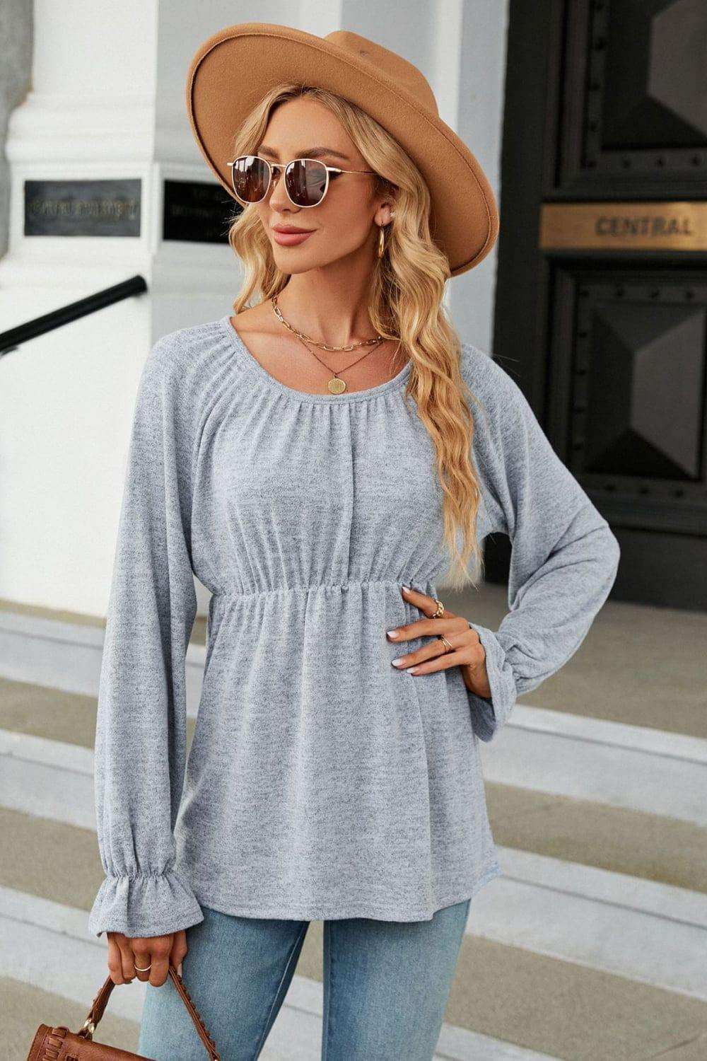Round Neck Flounce Sleeve Blouse - Trendsi - Flyclothing LLC