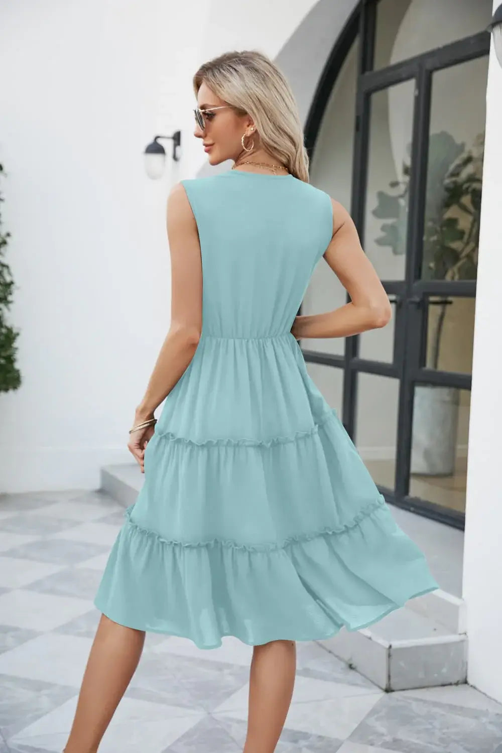 Contrast V-Neck Sleeveless Tiered Dress - Trendsi - Flyclothing LLC