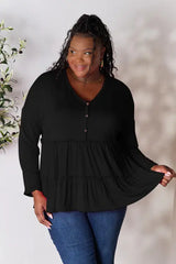 Double Take Half Button Long Sleeve Ruffle Hem Blouse - Trendsi - Flyclothing LLC