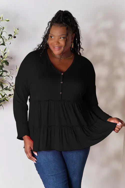 Double Take Half Button Long Sleeve Ruffle Hem Blouse - Trendsi - Flyclothing LLC