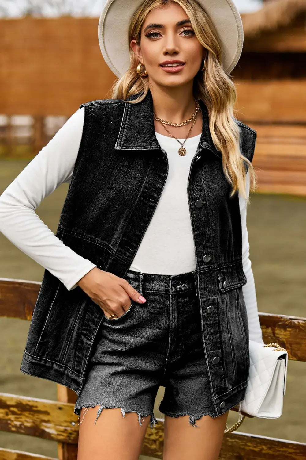 Sleeveless Collared Neck Denim Top with Pockets - Trendsi - Flyclothing LLC