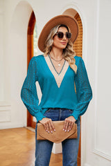 Contrast V-Neck Long Sleeve Blouse - Trendsi