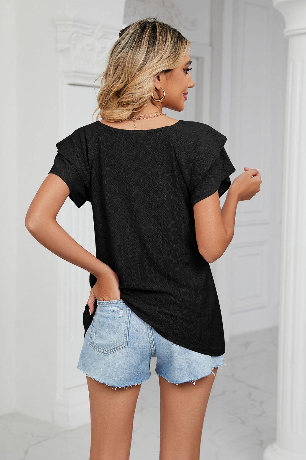 Eyelet Layered Flutter Sleeve V-Neck Knit Top - Trendsi