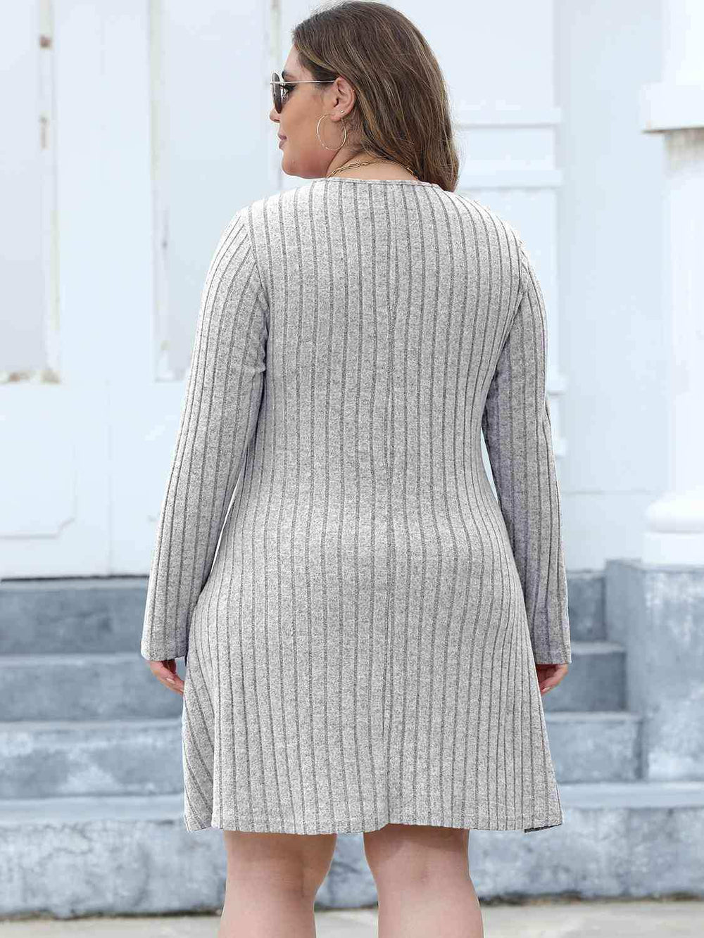 Plus Size Ribbed Buttoned V-Neck Long Sleeve Dress - Trendsi - Flyclothing LLC