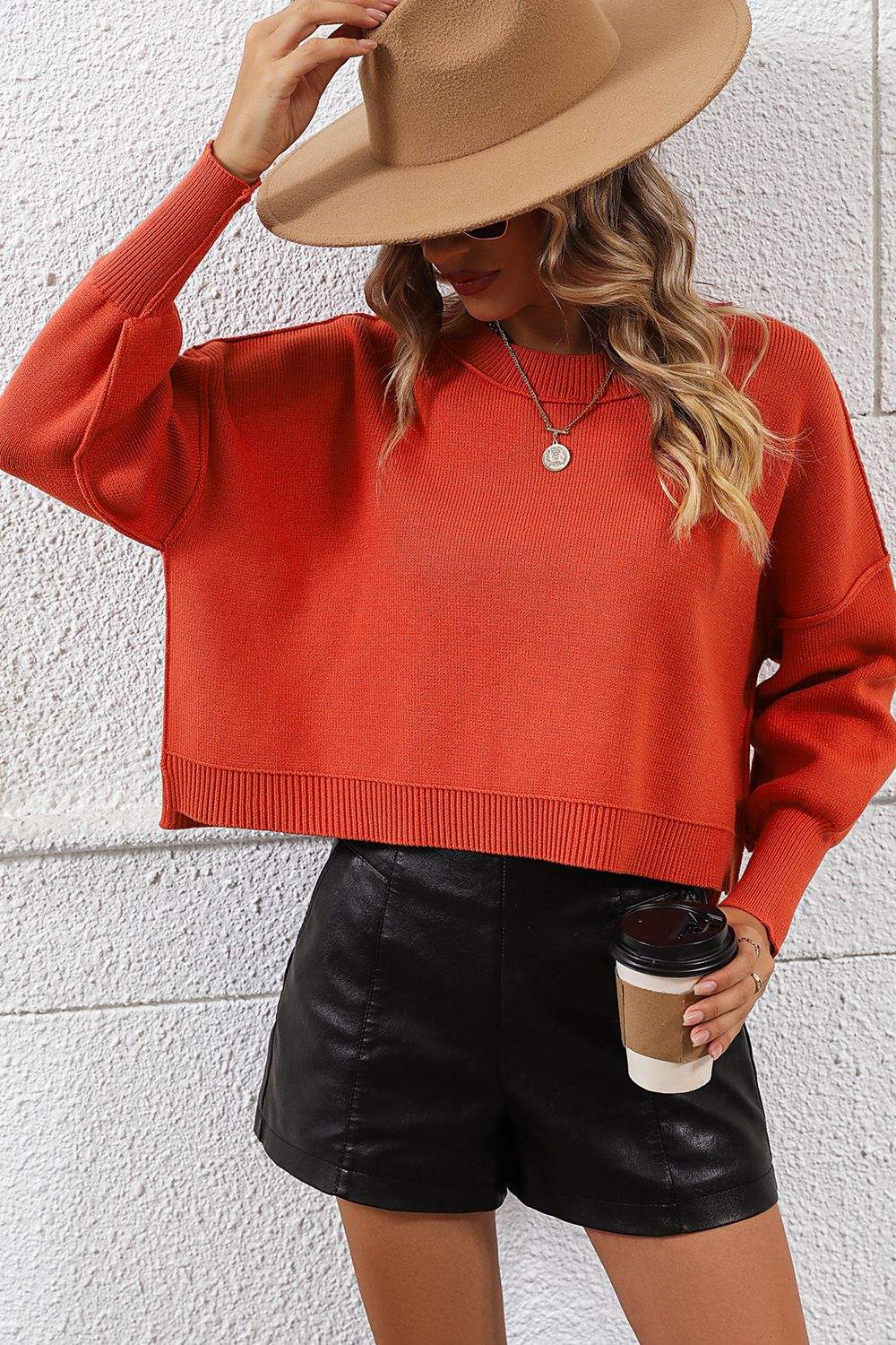 Round Neck Dropped Shoulder Pullover Sweater - Trendsi - Flyclothing LLC