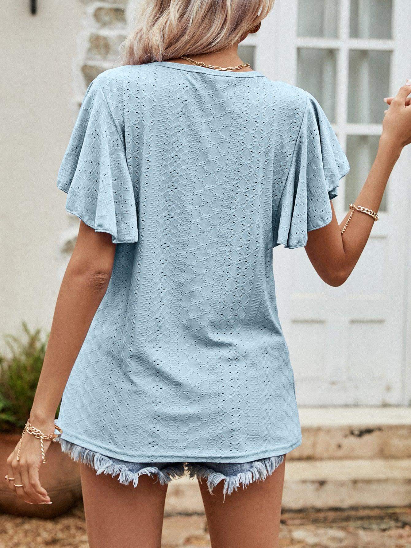 Round Neck Flutter Sleeve Blouse - Trendsi - Flyclothing LLC