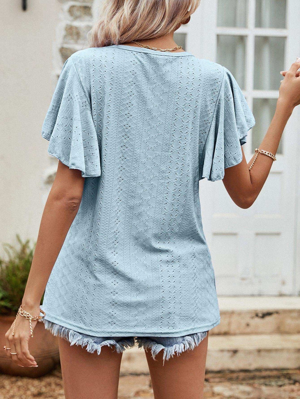 Round Neck Flutter Sleeve Blouse - Trendsi - Flyclothing LLC