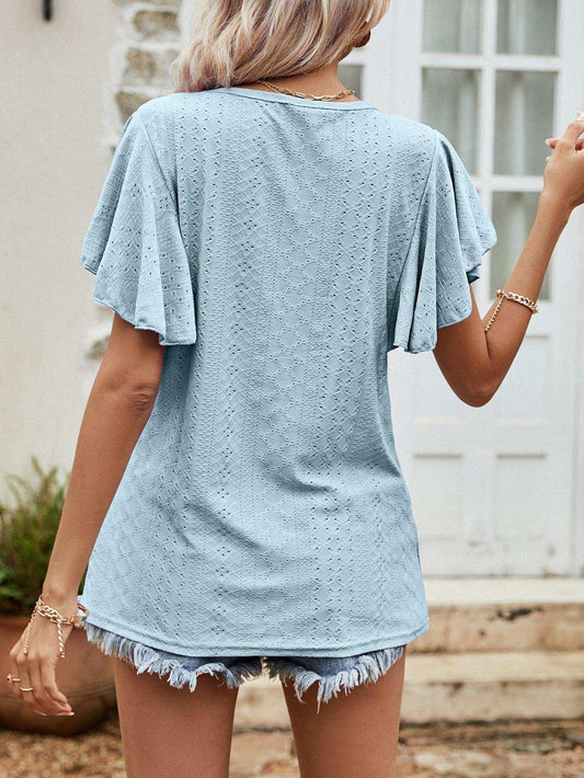 Round Neck Flutter Sleeve Blouse - Trendsi - Flyclothing LLC