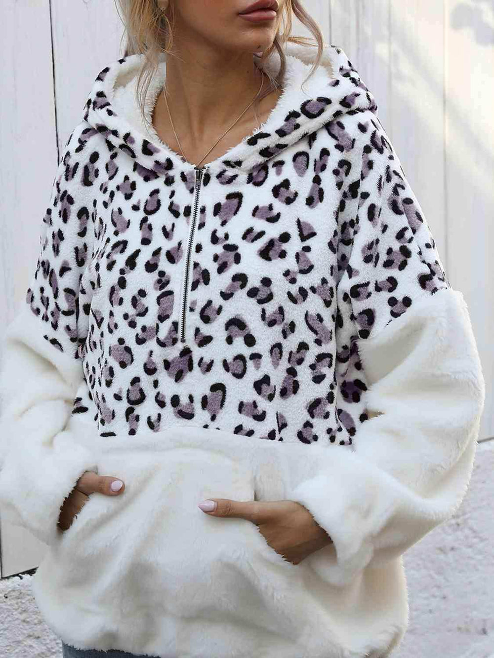 Leopard Half-Zip Dropped Shoulder Hoodie - Trendsi - Flyclothing LLC