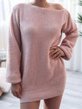 Rib-Knit Balloon Sleeve Boat Neck Sweater Dress - Trendsi - Flyclothing LLC