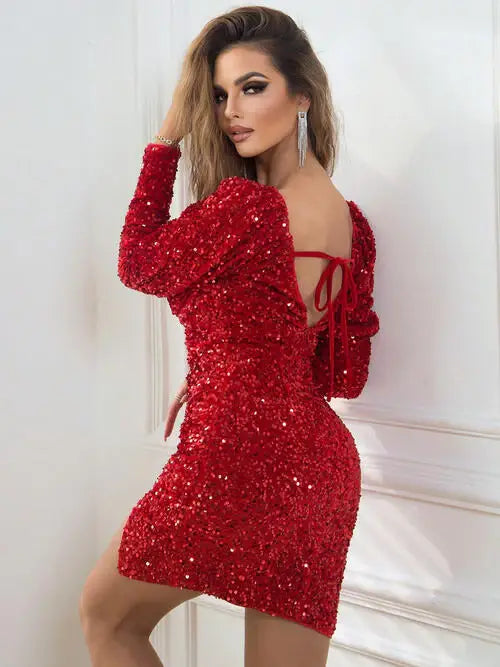 Sequin Sweetheart Neck Tie Back Long Sleeve Slit Dress - Trendsi - Flyclothing LLC