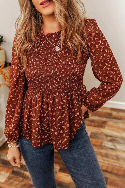 Floral Smocked Ruffle Hem Long Sleeve Blouse - Trendsi - Flyclothing LLC