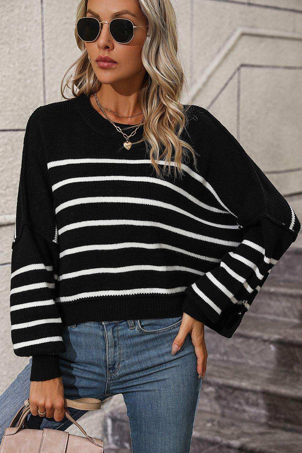 Striped Dropped Shoulder Round Neck Pullover Sweater - Trendsi - Flyclothing LLC