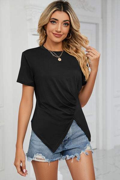 Ruched Round Neck Short Sleeve T-Shirt - Trendsi - Flyclothing LLC