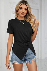 Ruched Round Neck Short Sleeve T-Shirt - Trendsi - Flyclothing LLC