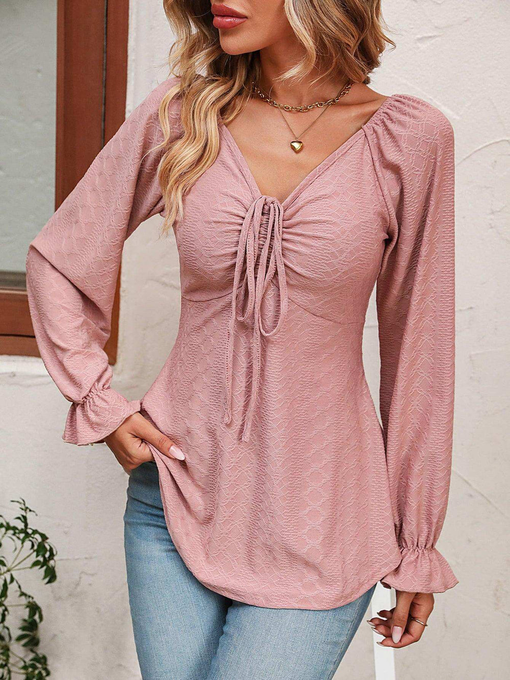Tie Front V-Neck Puff Sleeve Blouse - Trendsi - Flyclothing LLC