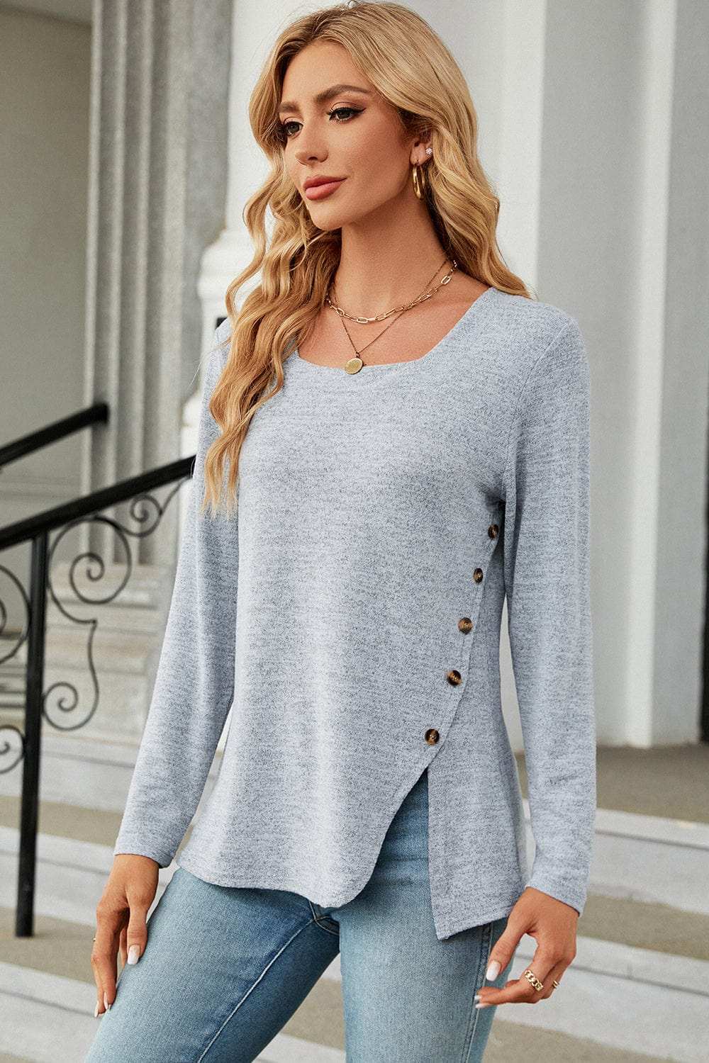 Slit Decorative Button Square Neck T-Shirt - Trendsi - Flyclothing LLC