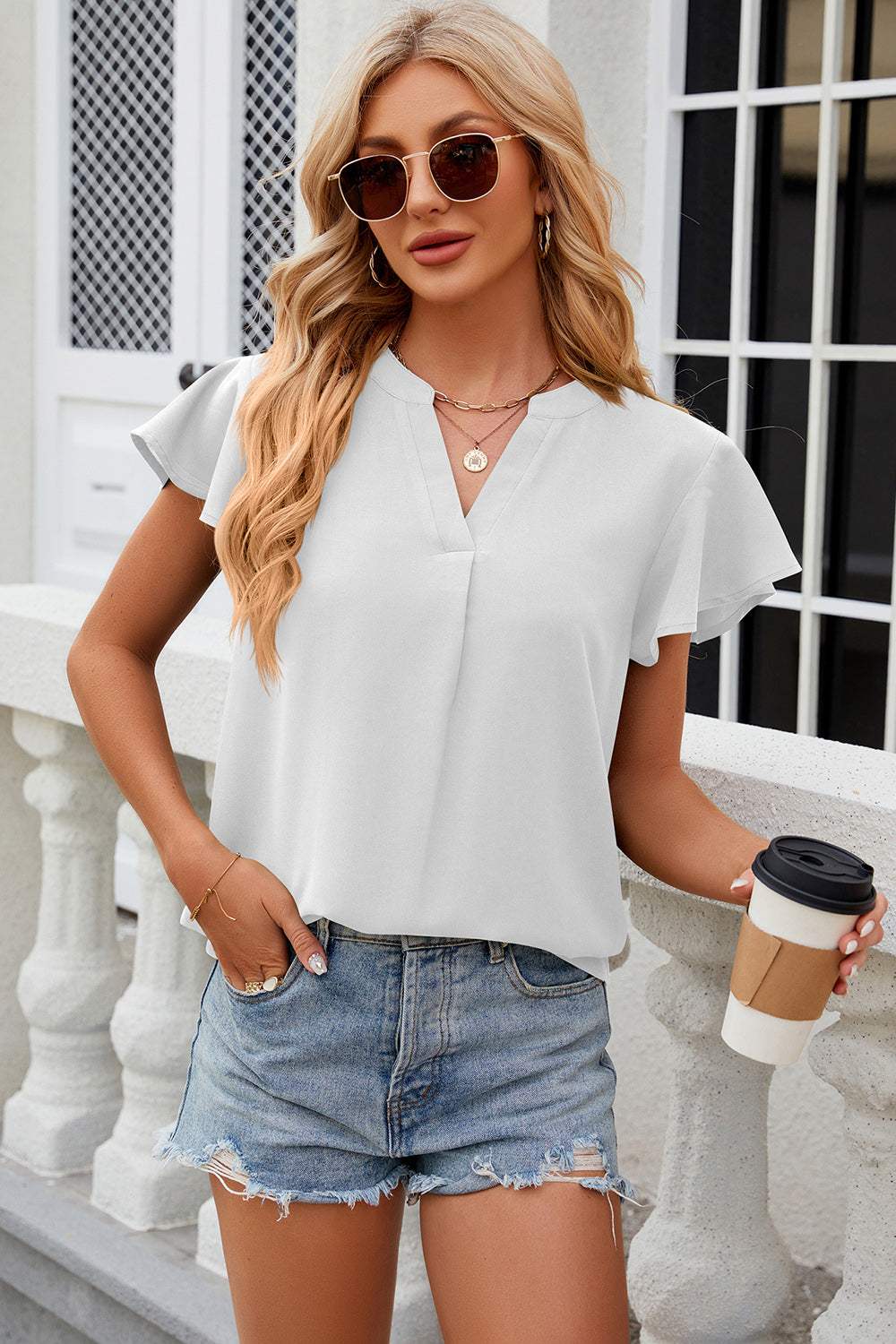 Notched Cap Sleeve T-Shirt - Trendsi - Flyclothing LLC