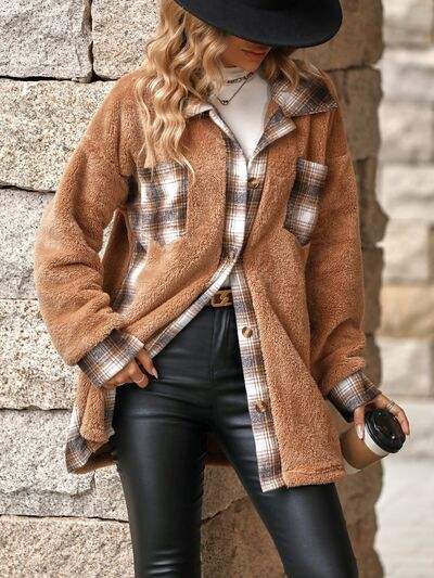 Plaid Contrast Dropped Shoulder Coat - Trendsi - Flyclothing LLC