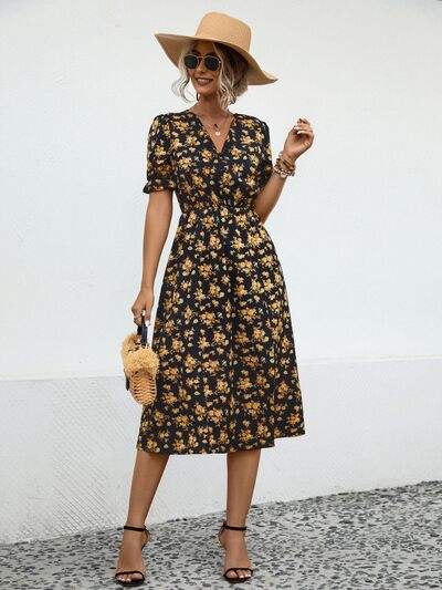 Slit Printed V-Neck Short Sleeve Dress - Trendsi - Flyclothing LLC