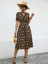 Slit Printed V-Neck Short Sleeve Dress - Trendsi - Flyclothing LLC