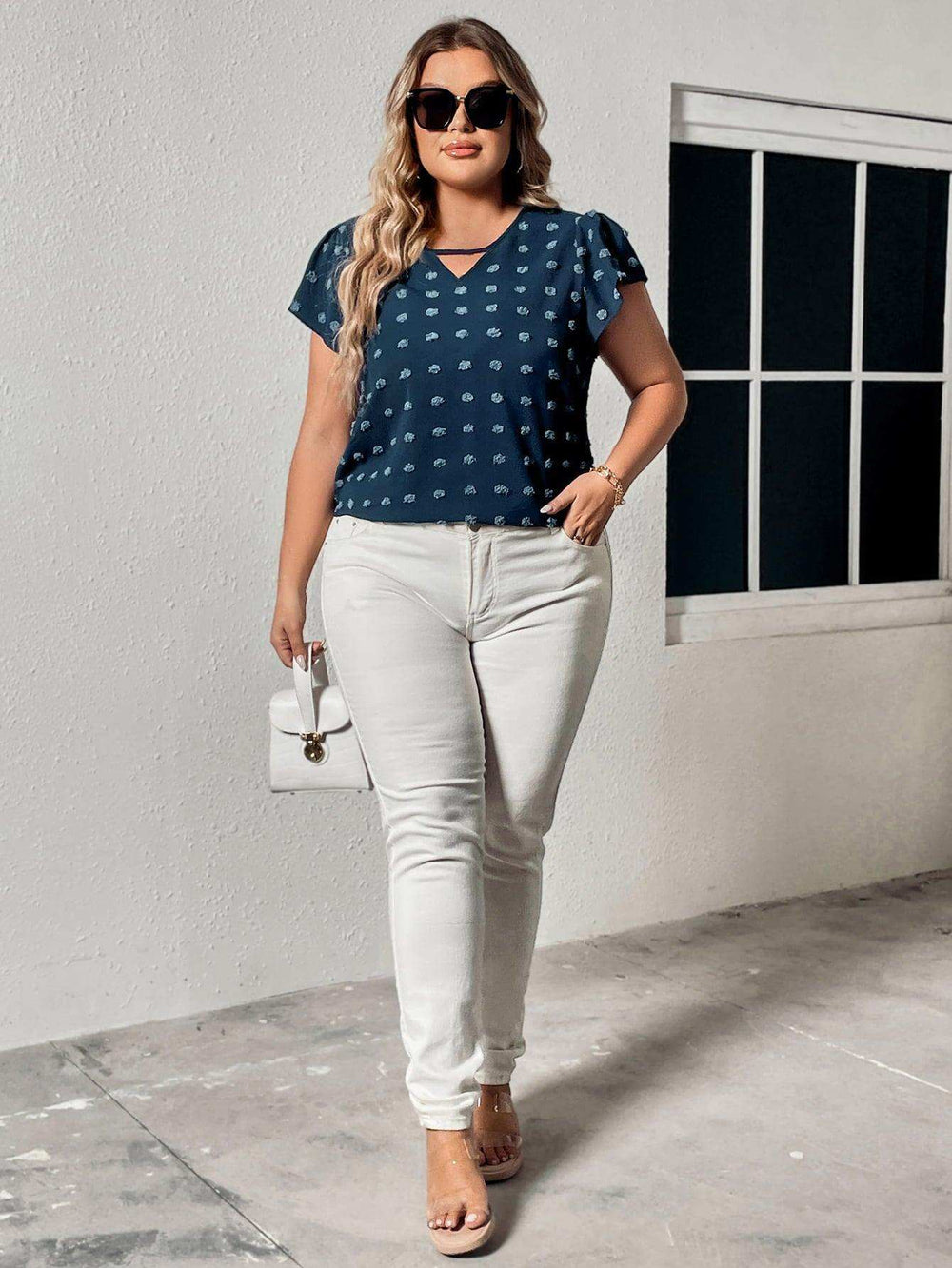 Plus Size Swiss Dot V-Neck Flutter Sleeve Tee - Trendsi - Flyclothing LLC
