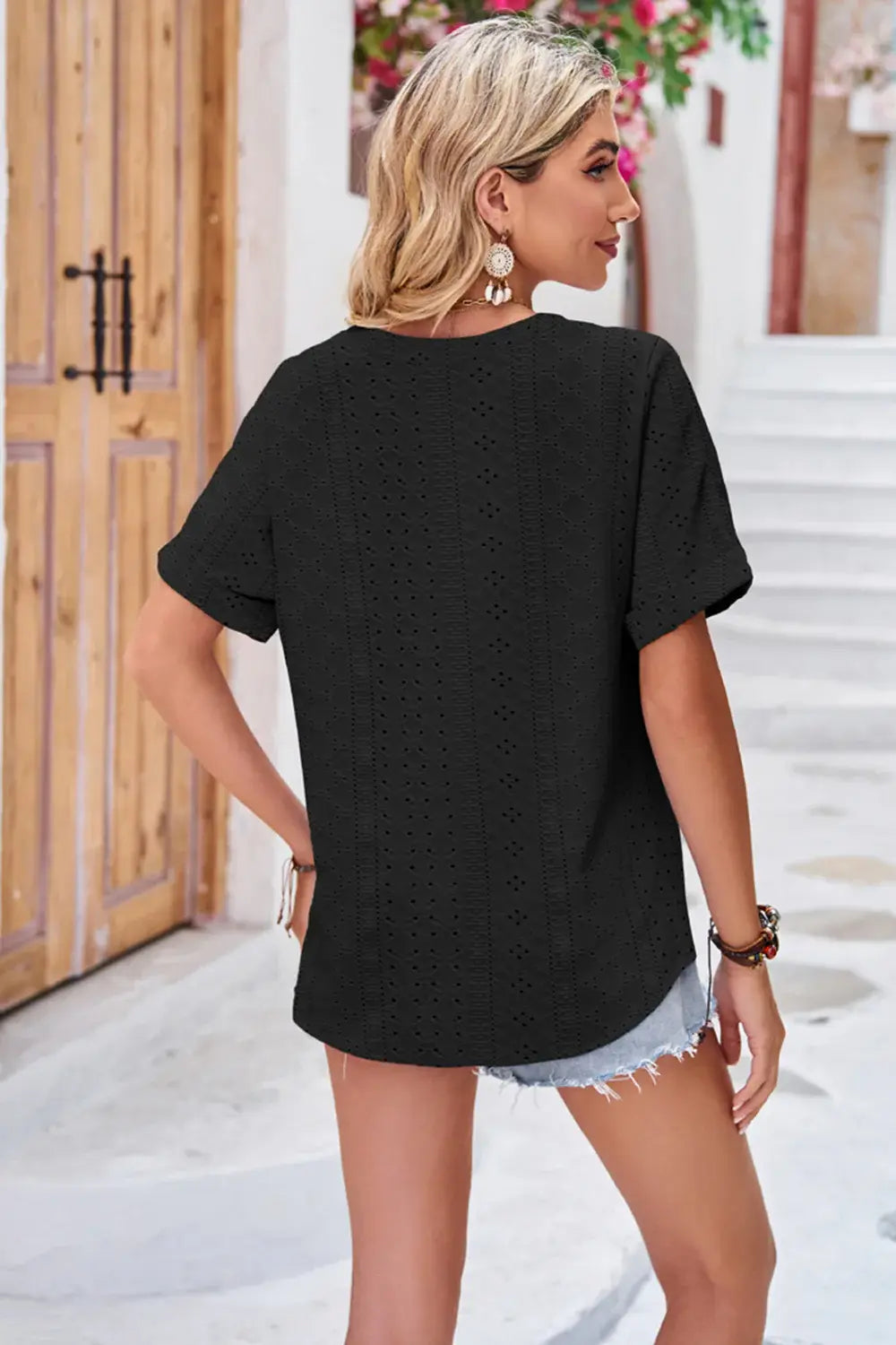 Buttoned Notched Neck Eyelet Top - Trendsi - Flyclothing LLC