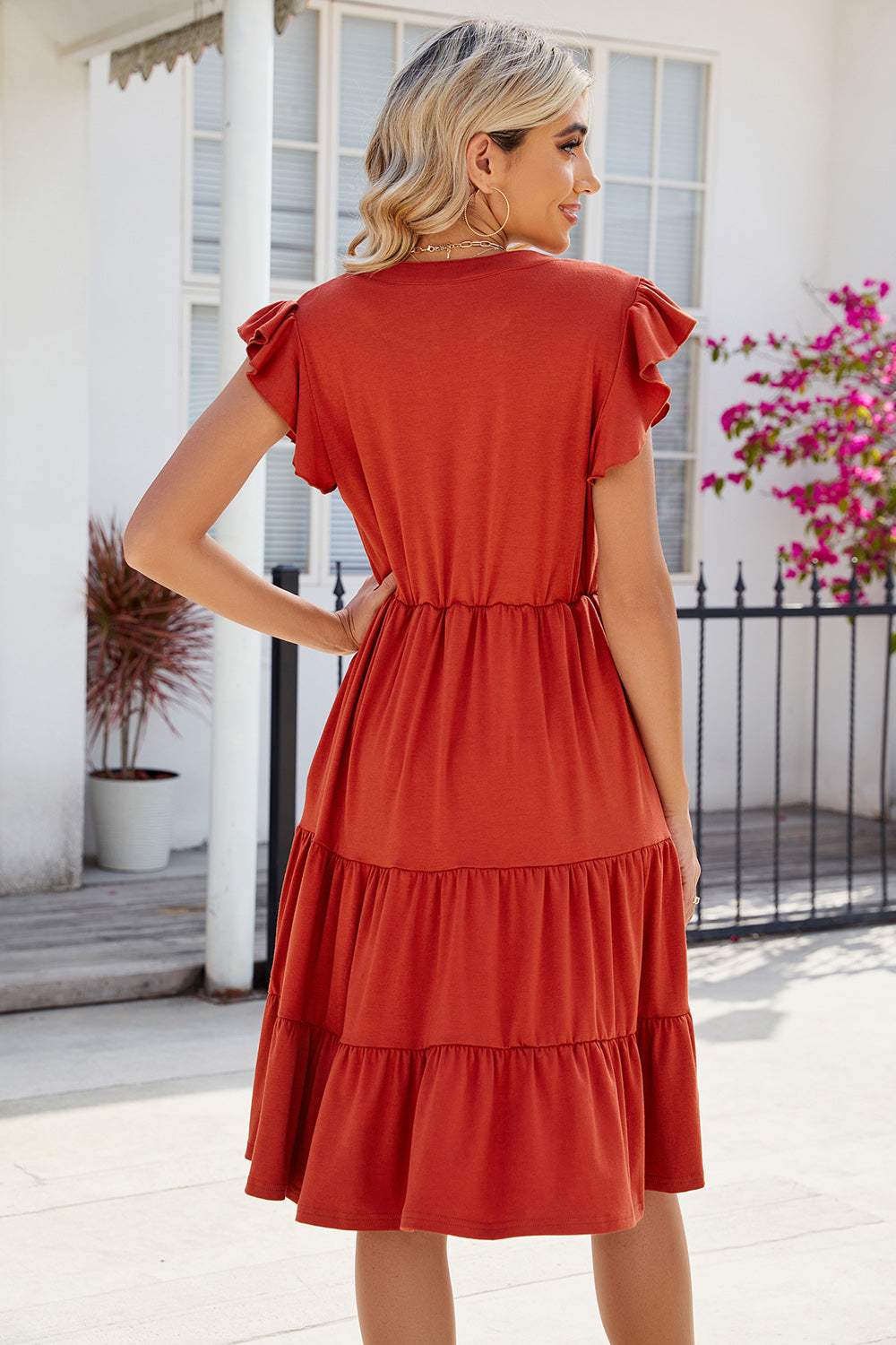 Ruched Notched Cap Sleeve Dress - Trendsi - Flyclothing LLC