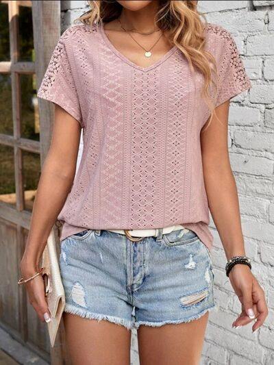 Eyelet V-Neck Short Sleeve T-Shirt - Trendsi