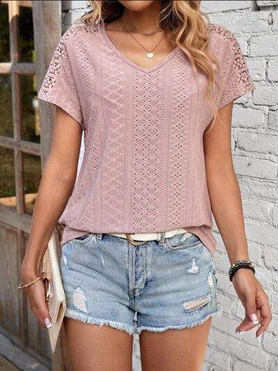 Eyelet V-Neck Short Sleeve T-Shirt - Trendsi - Flyclothing LLC