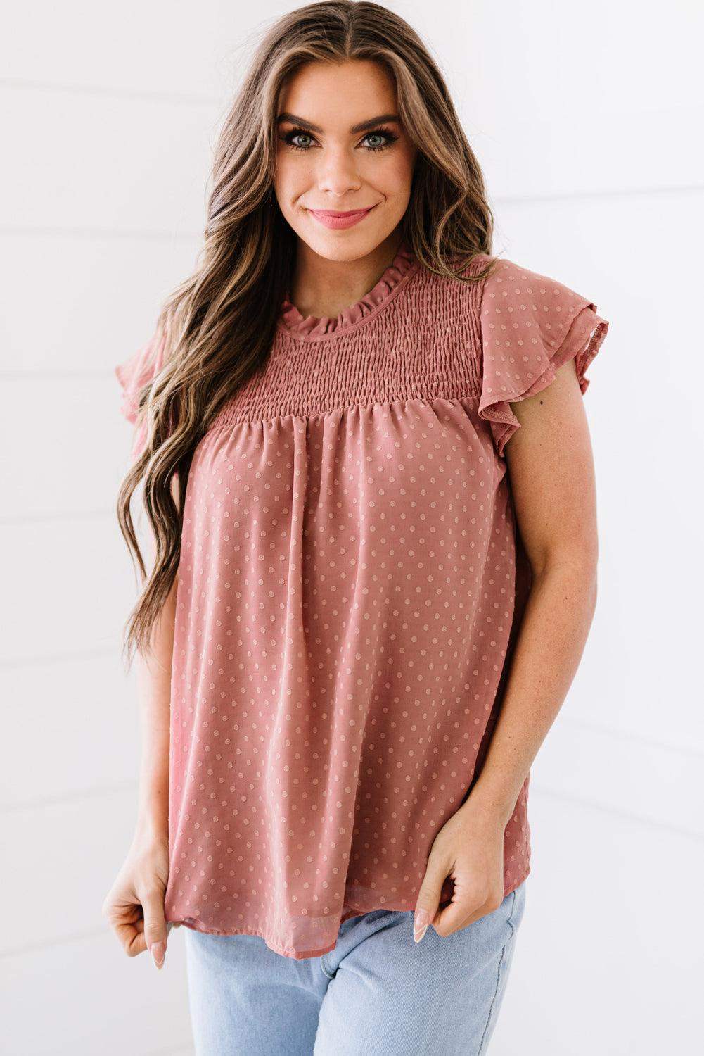 Polka Dot Smocked Flutter Sleeve Blouse - Trendsi - Flyclothing LLC
