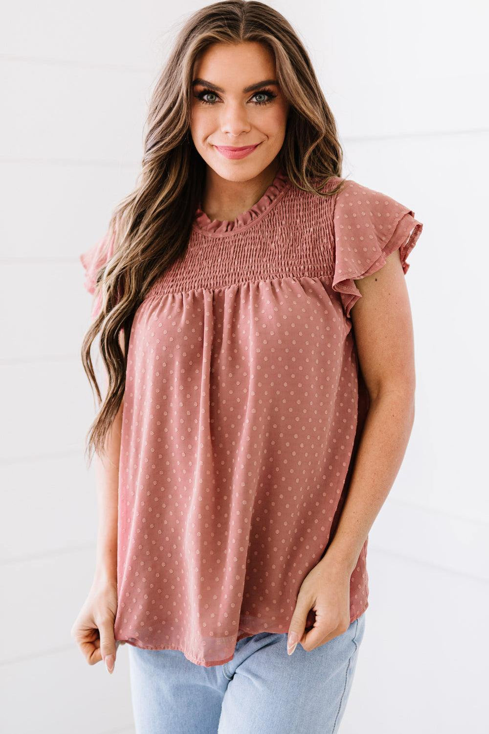 Polka Dot Smocked Flutter Sleeve Blouse - Trendsi