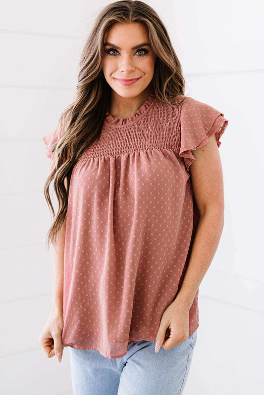 Polka Dot Smocked Flutter Sleeve Blouse - Trendsi - Flyclothing LLC