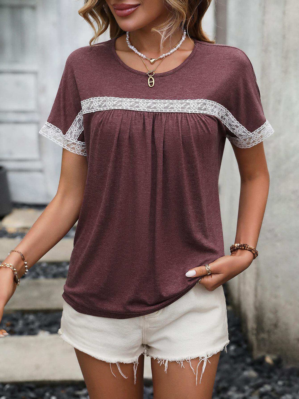 Contrast Round Neck Short Sleeve Tee - Trendsi - Flyclothing LLC