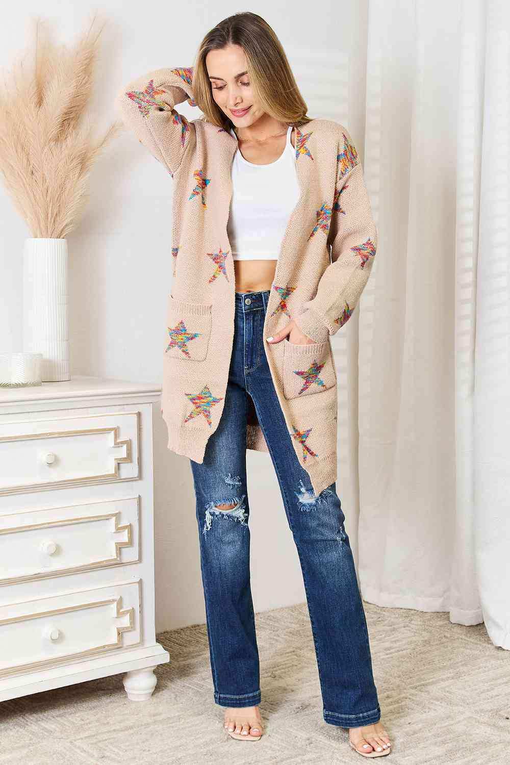 Double Take Star Pattern Open Front Longline Cardigan - Trendsi - Flyclothing LLC