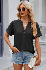 Eyelet Notched Short Sleeve T-Shirt - Trendsi - Flyclothing LLC