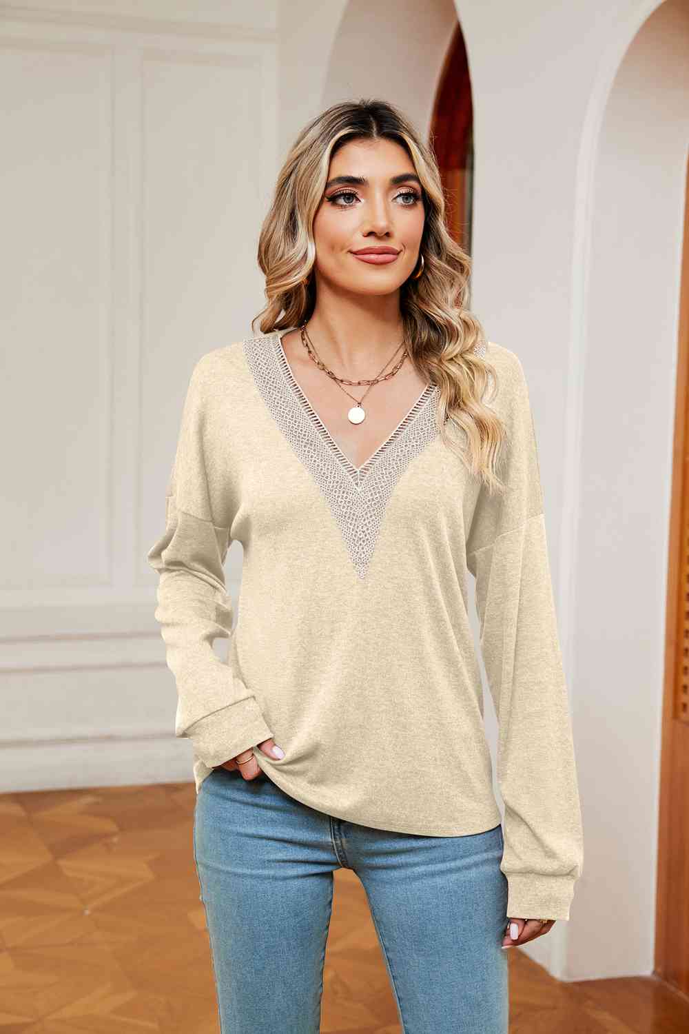 Contrast V-Neck Long Sleeve Blouse - Trendsi - Flyclothing LLC