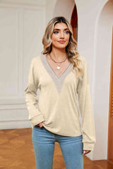 Contrast V-Neck Long Sleeve Blouse - Trendsi - Flyclothing LLC
