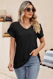 Eyelet V-Neck Petal Sleeve T-Shirt - Trendsi - Flyclothing LLC