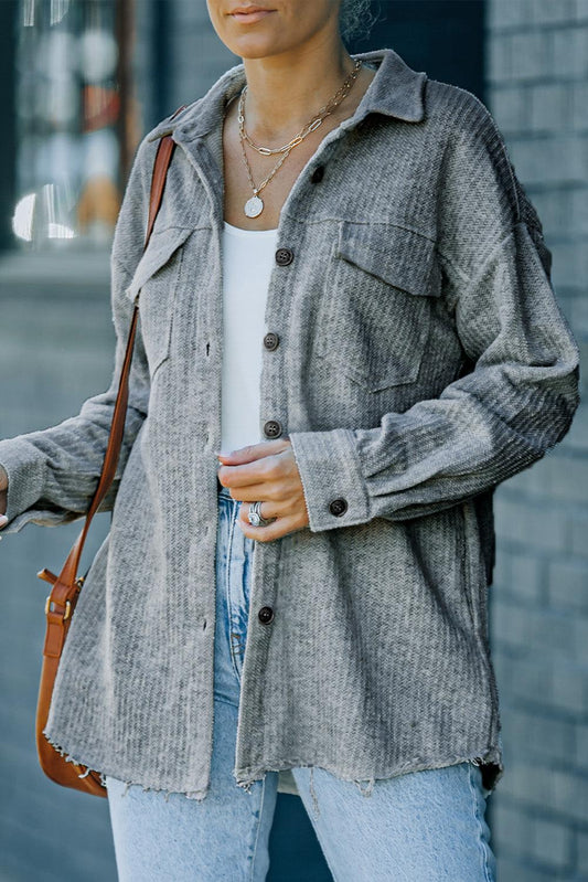 Textured Button Down Shirt Jacket with Pockets - Flyclothing LLC
