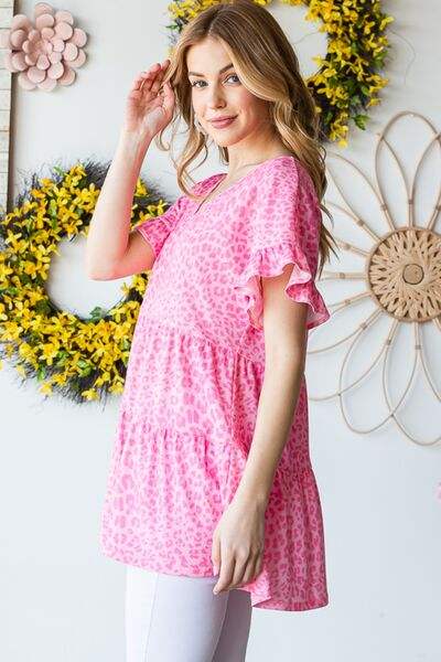 Heimish Full Size Leopard Ruffle Trim Short Sleeve Top - Trendsi - Flyclothing LLC