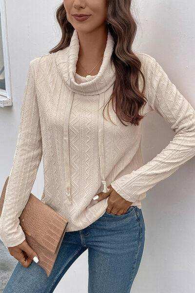 Tied Mock Neck Long Sleeve Knit Top - Trendsi - Flyclothing LLC