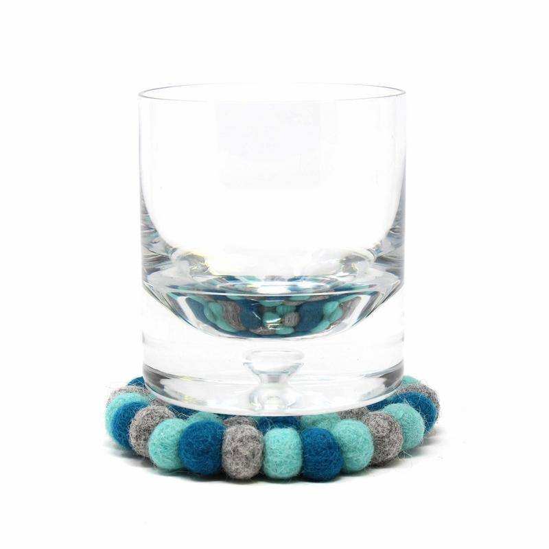 Hand Crafted Felt Ball Coasters from Nepal: 4-pack, Chakra Light Blues - Global Groove (T) - Global Groove - Flyclothing LLC